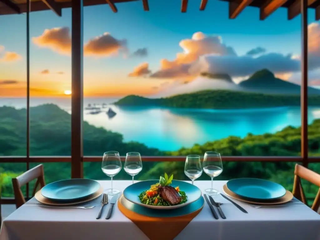 Experiencia culinaria única sobre aguas cristalinas Experiencia gastronómica en restaurantes junto al agua con atardecer y chef preparando plato