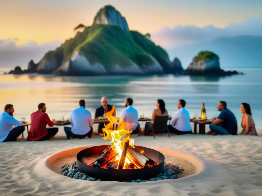 Cena en la playa: experiencia culinaria junto a la fogata al atardecer Una experiencia gastronómica única en la playa: chef cocinando mariscos frescos en fogata al atardecer, rodeado de comensales diversos