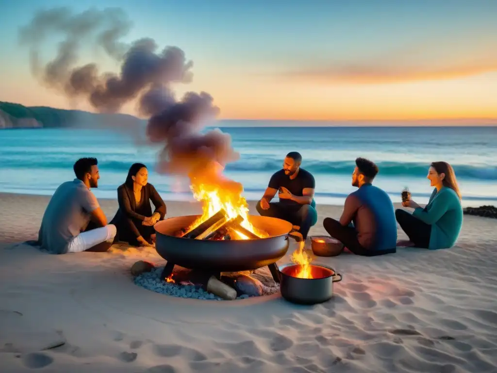 Encuentro culinario al atardecer en la playa Una experiencia gastronómica única en la playa al atardecer, con chefs y locales alrededor de la fogata