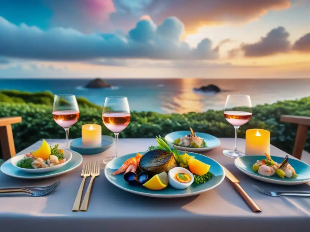 Exquisita cena gourmet frente al mar al atardecer Experiencias de degustación en propiedades costeras: Cena de mariscos al atardecer junto al mar