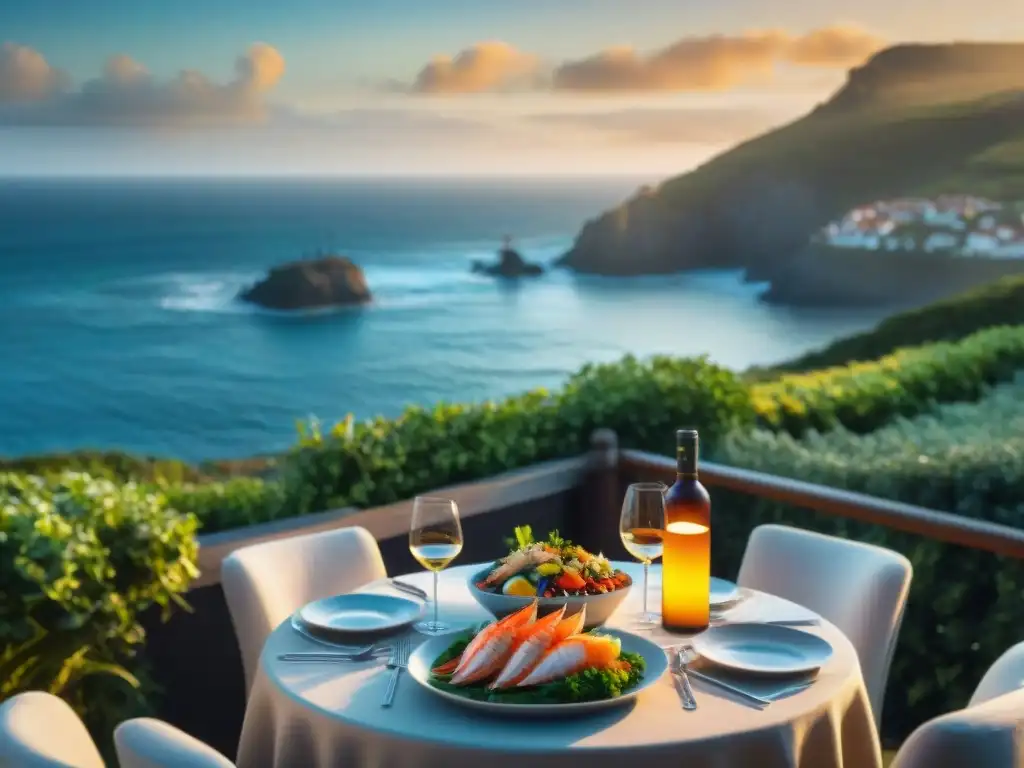 Exquisita cena frente al mar con mariscos frescos y vinos locales Experiencias de degustación en propiedades costeras: cena al aire libre con mariscos frescos y vinos locales al atardecer junto al mar