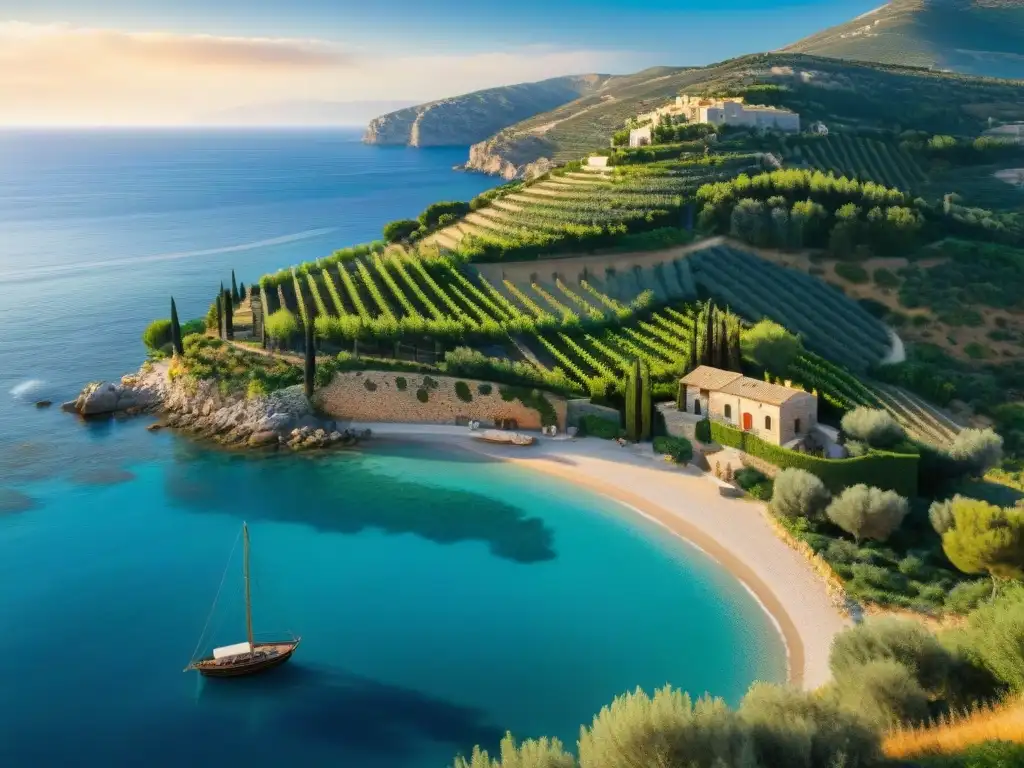 Viñedo bañado por el sol en la costa mediterránea Experiencias de degustación en propiedades costeras: Viñedo mediterráneo al atardecer con vista al mar y barcos pesqueros