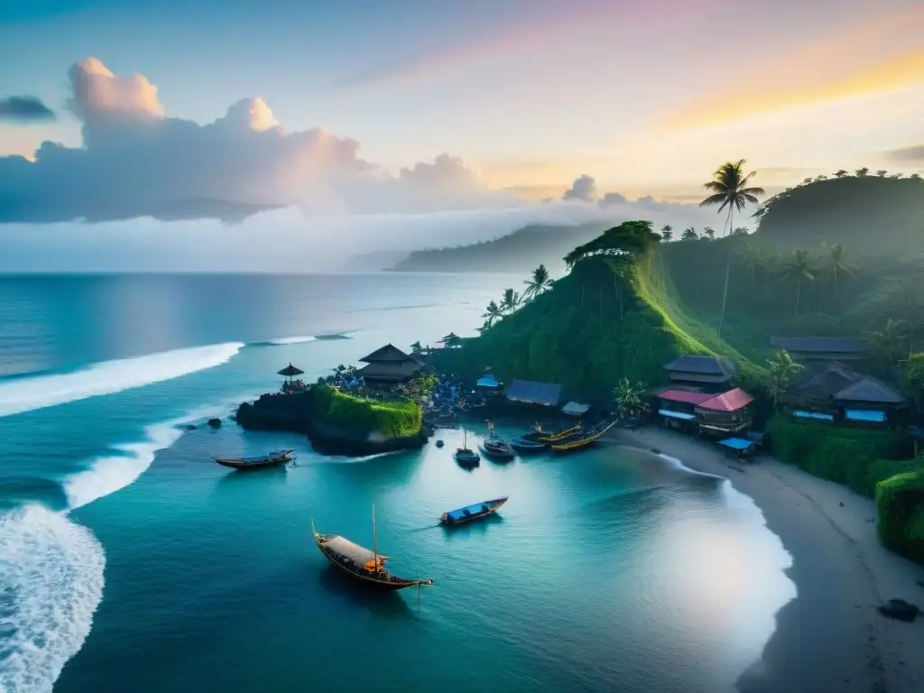 Atardecer mágico en aldea costera de Bali: barcos, pescadores y palmeras Experiencias únicas en Bali costeras: Aldea costera balinesa al atardecer con pescadores y barcos tradicionales