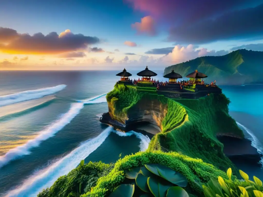 Maravilloso atardecer balinés en el Templo de Uluwatu Experiencias únicas en Bali costeras: atardecer vibrante sobre el Templo de Uluwatu con danza Kecak y olas