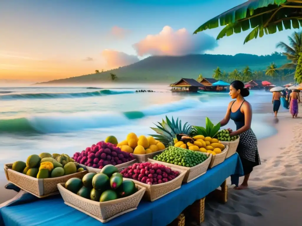 Mercado playero en Bali: frutas exóticas, mariscos frescos y especias coloridas Experiencias únicas en Bali costeras: mercado balinés con frutas exóticas, pescado fresco y especias coloridas al atardecer