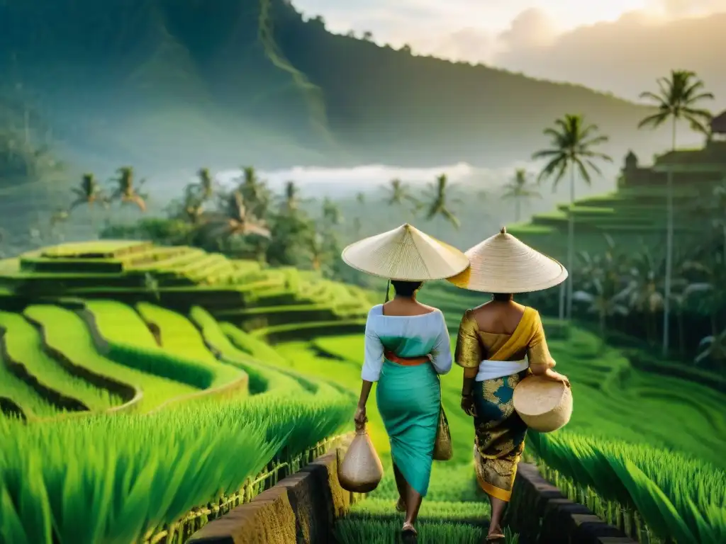 Ofrendas en arrozales: mujeres balinesas en tradicional atuendo Experiencias únicas en Bali costeras: Mujeres balinesas llevando ofrendas en terrazas de arroz al atardecer
