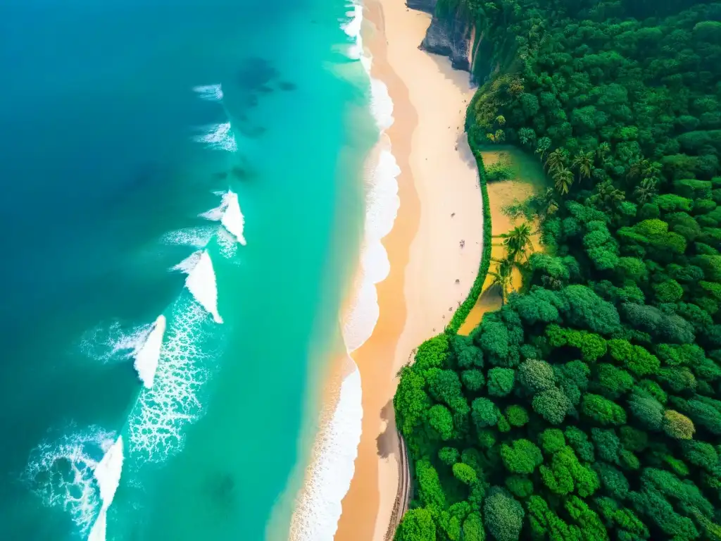 Paraíso tropical: Playa Padang Padang en Bali, Indonesia Experiencias únicas en Bali costeras: Olas turquesas, surfistas y palmeras en Padang Padang Beach