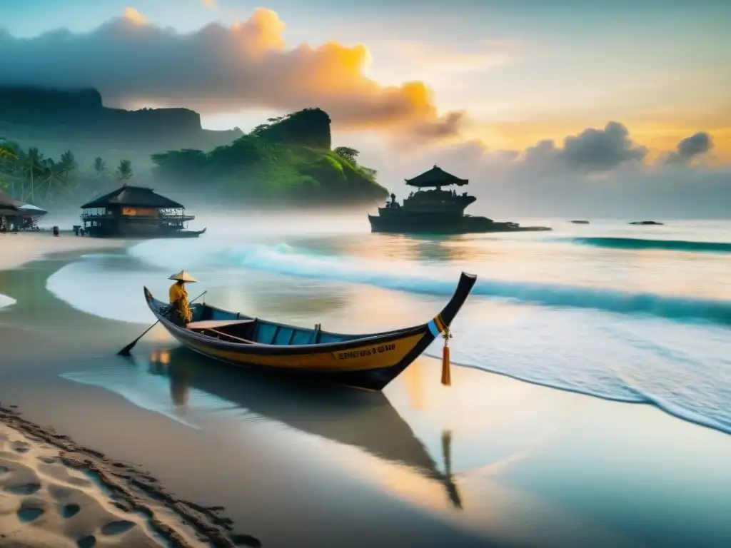 Playa balinesa al amanecer: belleza serena y tradiciones locales Experiencias únicas en Bali costeras: Playa balinesa al amanecer con pescadores locales y barcas tradicionales