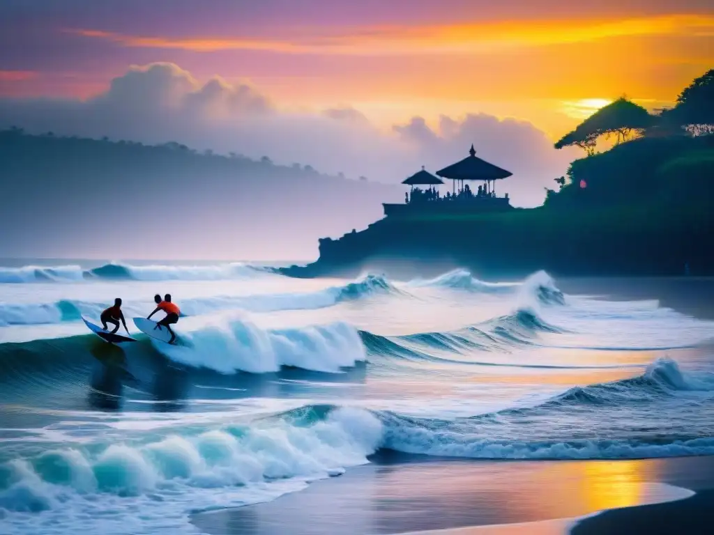 Surfistas al atardecer en Bali: Aventura en olas vibrantes Experiencias únicas en Bali costeras: Surfistas deslizándose al atardecer entre olas, con reflejos anaranjados y rosados en el agua