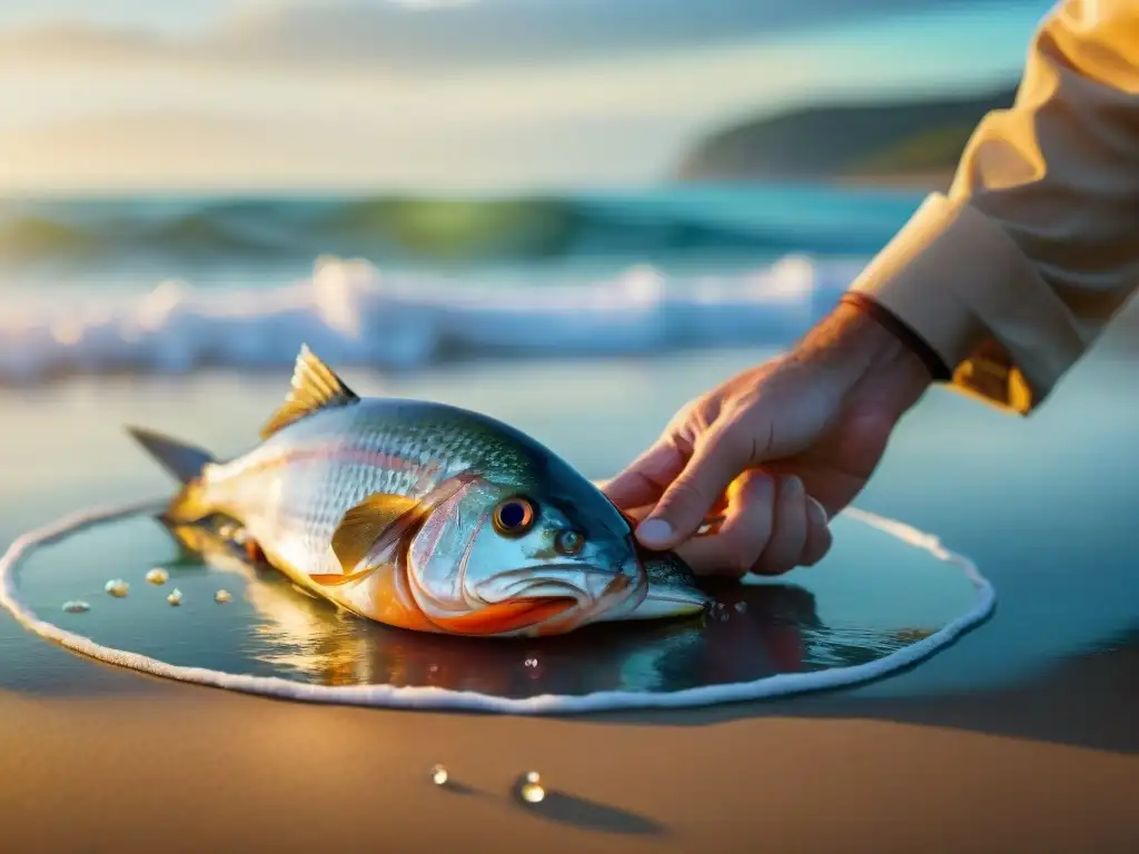 Chef experto fileteando pescado fresco en la playa soleada Un experimentado chef filetea un pescado en una playa soleada