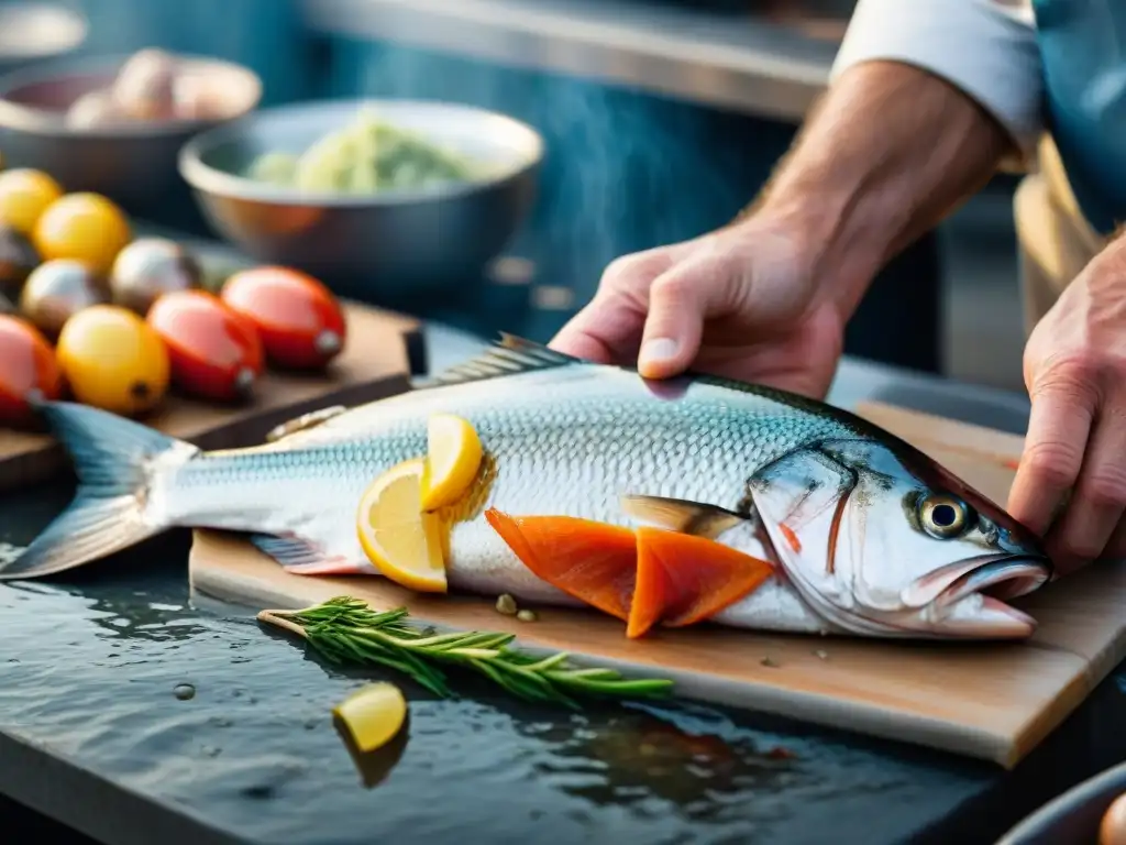 Maestro pescador: filleting a la perfección Un experimentado chef filetea hábilmente un pescado recién capturado, demostrando las técnicas de asado de pescado en la costa