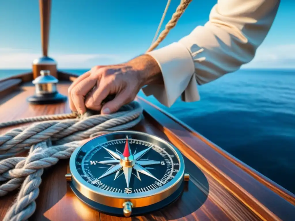 Un experimentado marinero manipula con destreza una brújula náutica en cubierta de madera, bajo un cielo azul