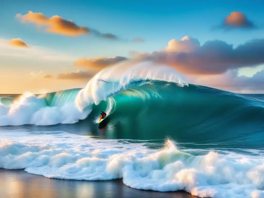 Bodyboarders expertos surfeando ola al atardecer Experimentados bodyboarders surfeando una ola al atardecer, reflejando el cielo colorido en el agua
