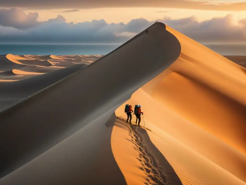 Desafío al atardecer: expertos escaladores conquistan una duna empinada Experimentados escaladores escalando dunas en destinos costeros al atardecer, desafiando la naturaleza