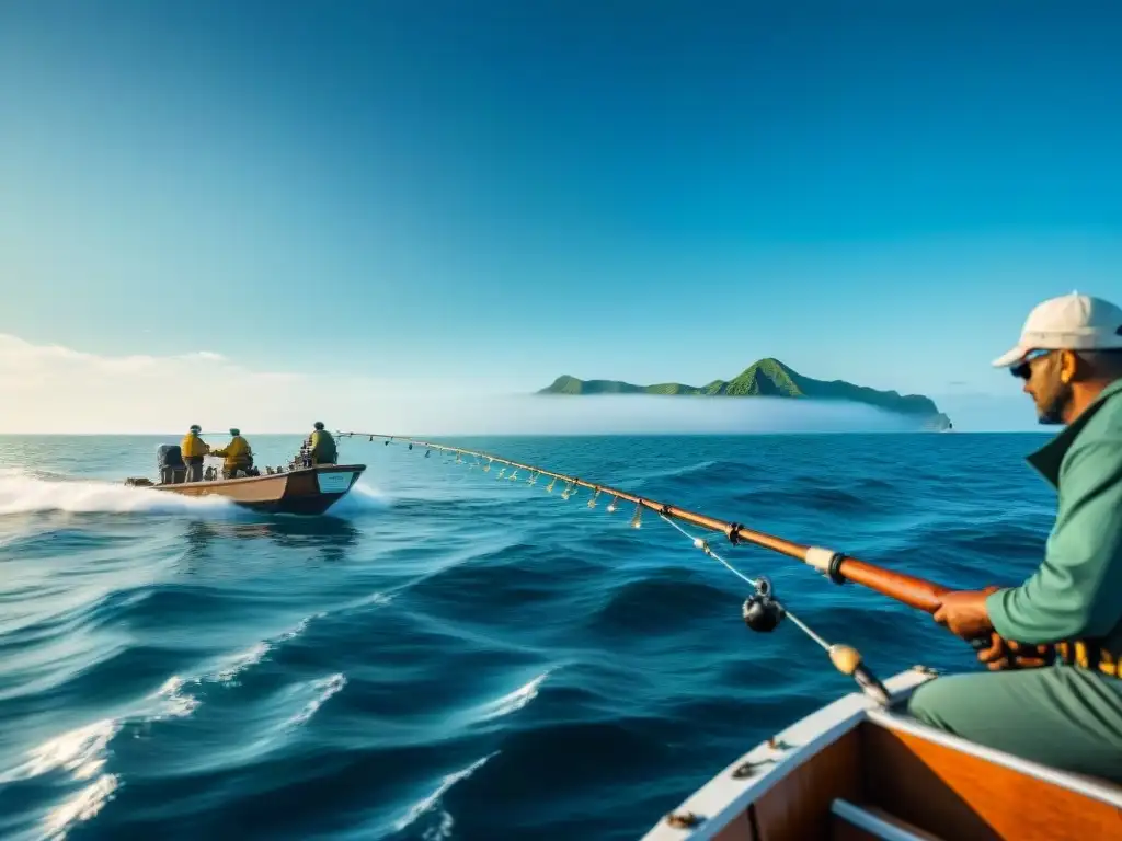 Emocionante expedición de pesca en alta mar Experimentados pescadores en un bote, preparándose para la pesca deportiva en mar abierto