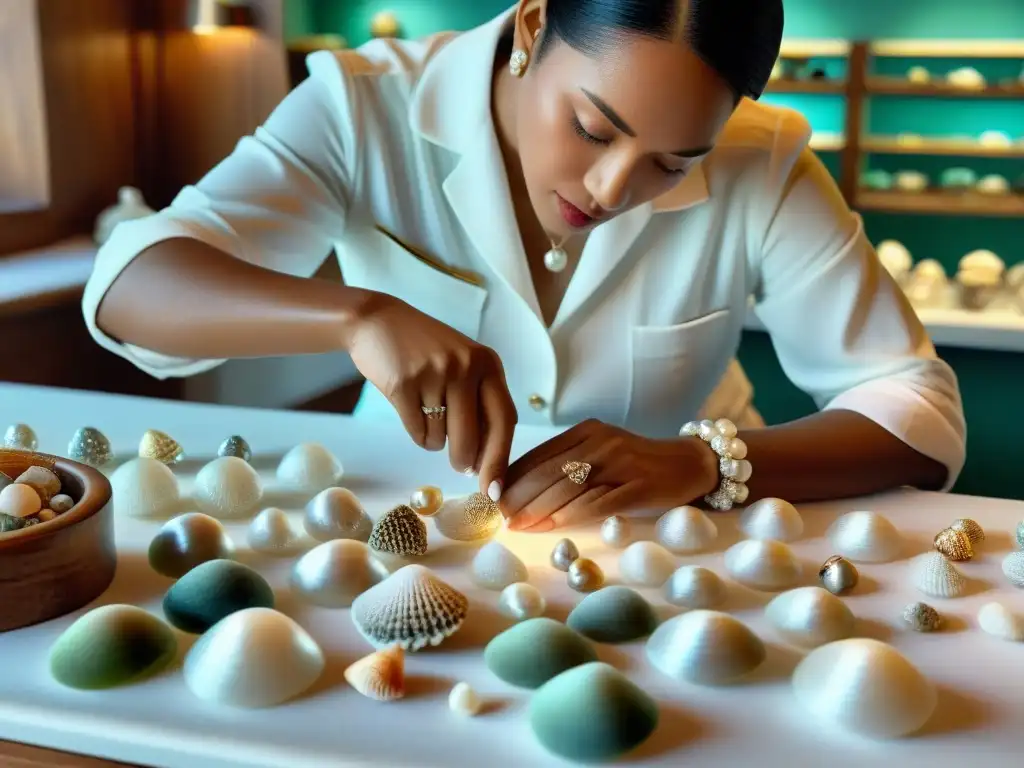Experto en joyería cuida delicadamente collar de perlas en entorno marino Un experto joyero limpia con cuidado un collar de perlas rodeado de conchas marinas y coral en una mesa blanca
