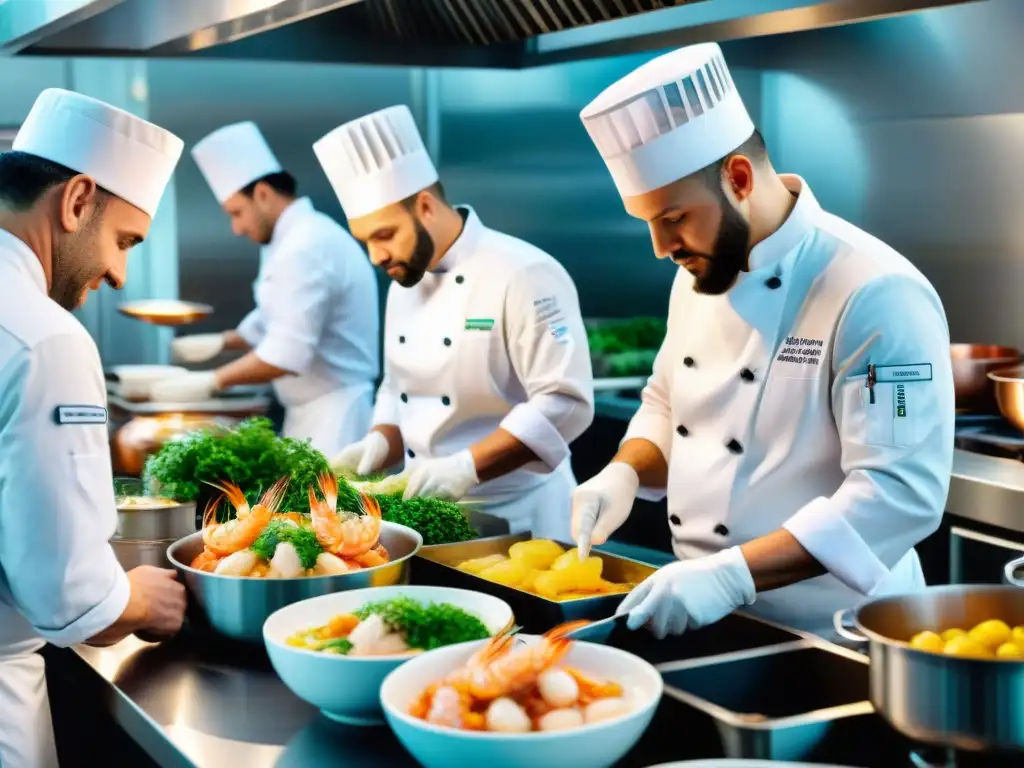Maestros Costeros: Arte Culinario en Acción Expertos chefs costeros preparando delicias marinas