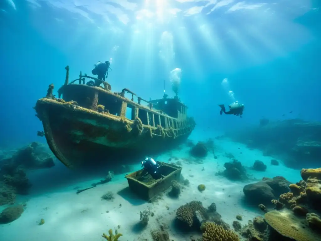 Excavación submarina: Misterios del pasado revelados Exploración de arqueología submarina en naufragio antiguo, rodeado de vida marina y agua cristalina, revelando secretos costeros