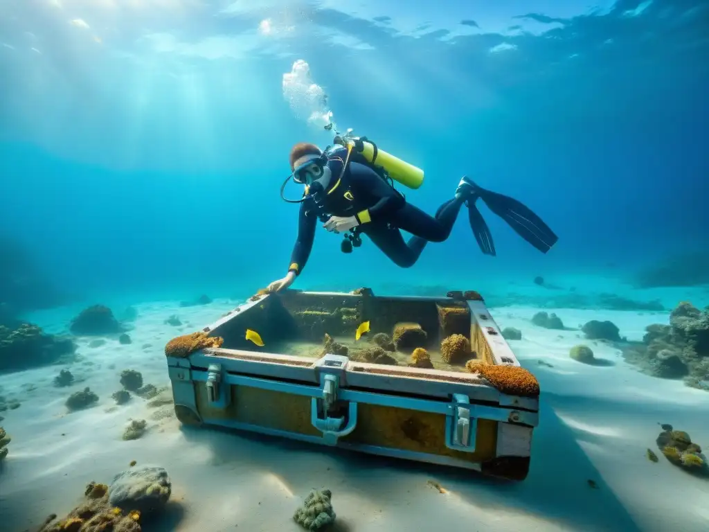 Excavación submarina: descubriendo tesoros en naufragio Exploración en arqueología submarina desvelando secretos costeros entre aguas cristalinas y peces coloridos
