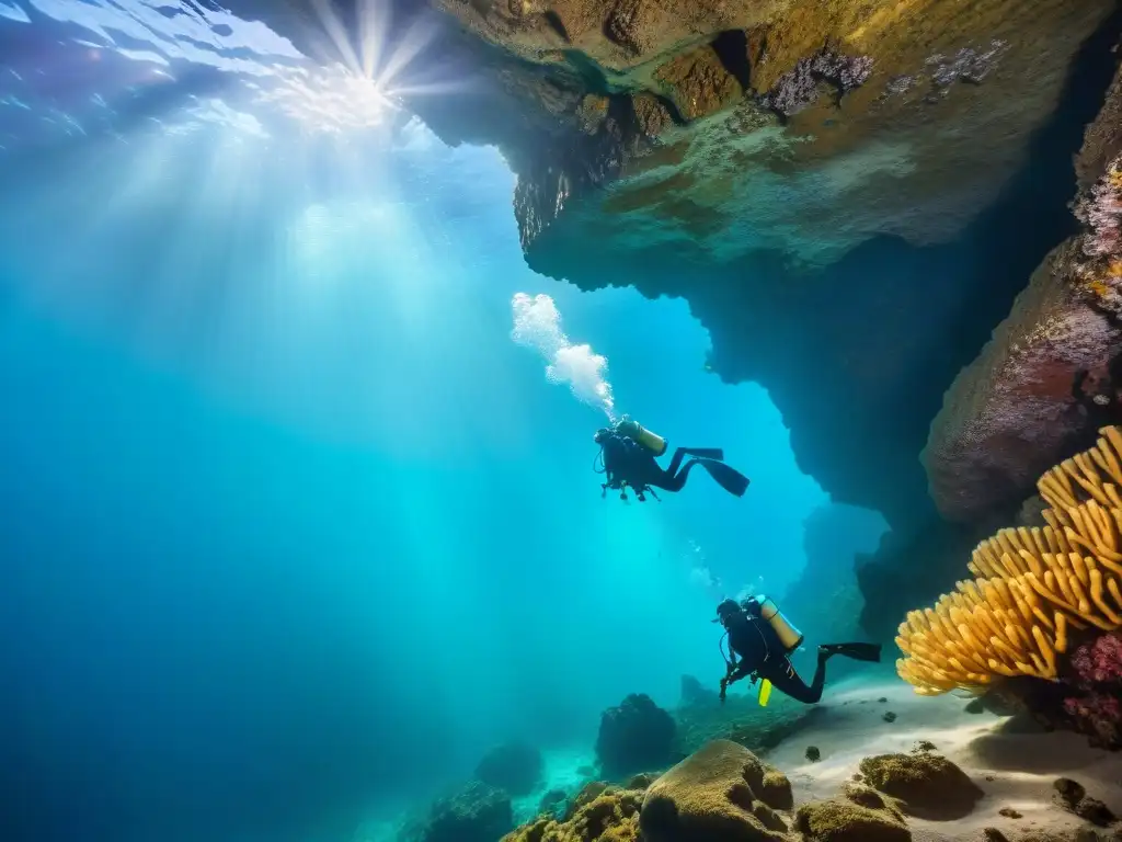 Exploración subacuática en cueva: divers expertos iluminan maravilla marina Exploración de buceo en cuevas submarinas costeras con diversidad marina y luz mágica