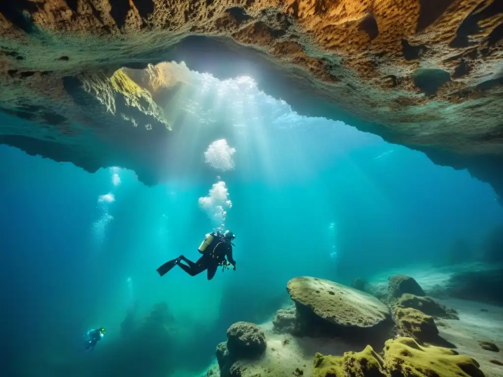Exploración fascinante: buceo en cuevas submarinas Exploración de buceo en cuevas submarinas costeras con divers equipados, iluminados por la luz natural filtrada en agua cristalina