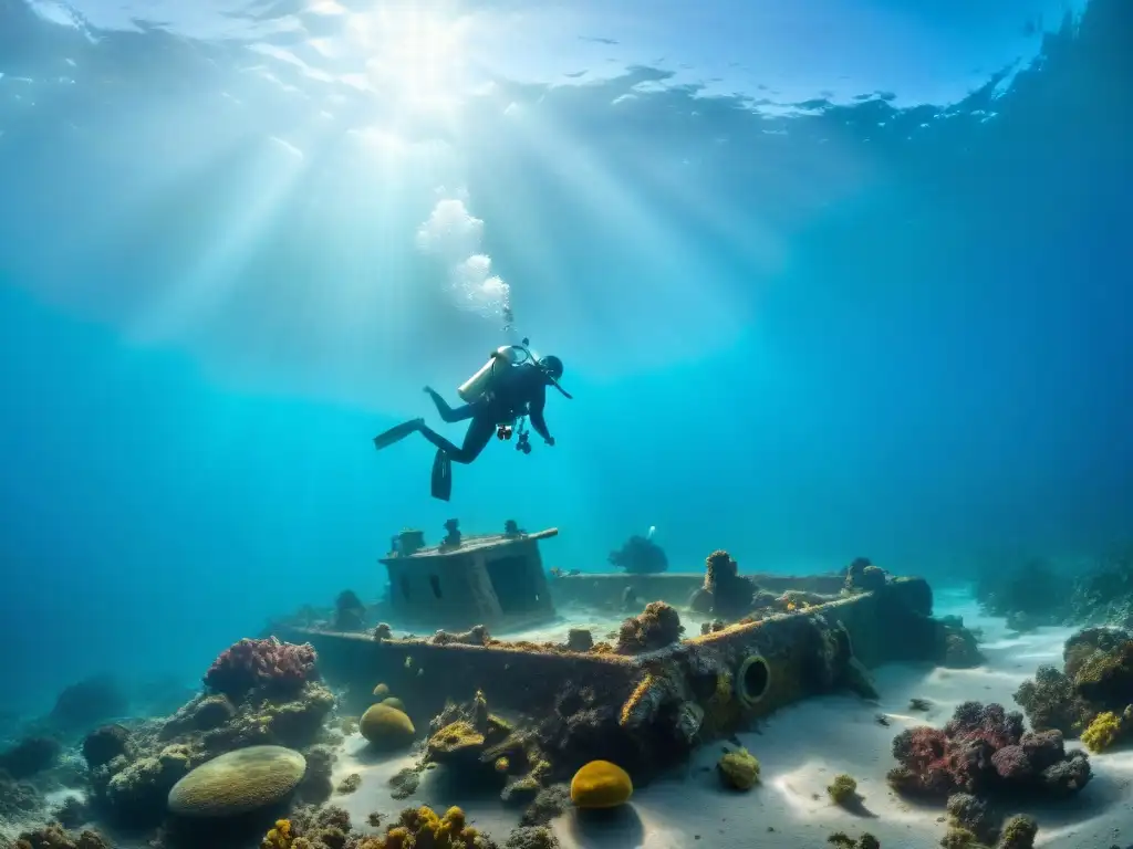 Excavación submarina: descubriendo tesoros antiguos Exploración en la historia marítima: arqueólogos submarinos descubriendo restos de un barco hundido