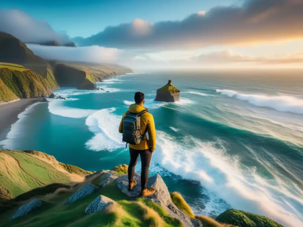 Acantilados de Nueva Zelanda al atardecer: Aventura solitaria Explorador solitario contempla el atardecer en acantilados de Nueva Zelanda