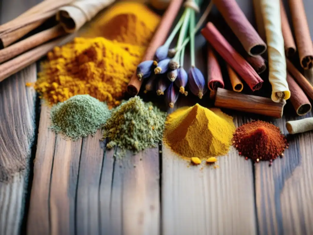 Exquisita variedad de especias costeras: colores y texturas vibrantes Una explosión de sabores especias costeras potenciar: azafrán, cúrcuma, cardamomo y canela, en una tabla rústica