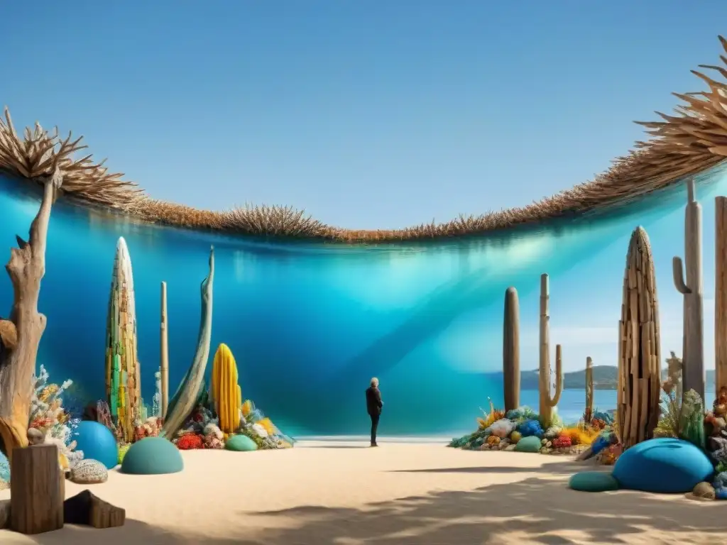 Exposición costera ecoartística: arte sostenible en reciclaje Una exposición de arte costero sostenible que refleja la belleza del océano y la creatividad consciente