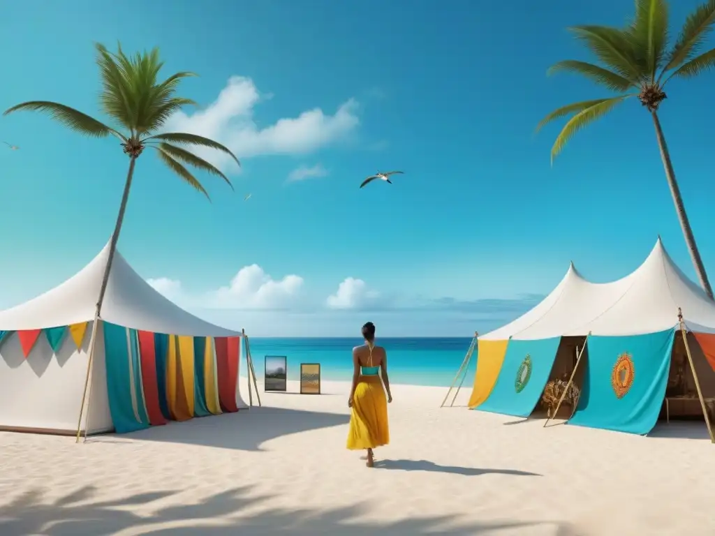 Exposición de arte costero: vibrante y diversa en isla paradisíaca Una exposición de arte costero vibrante en una isla pintoresca, con artistas locales e internacionales, rodeada de palmeras y aguas turquesas