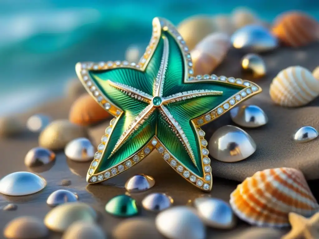 Broche de estrella de mar incrustado en esmeraldas y diamantes Una exquisita broche de estrella de mar con esmeraldas y diamantes sobre conchas iridiscentes
