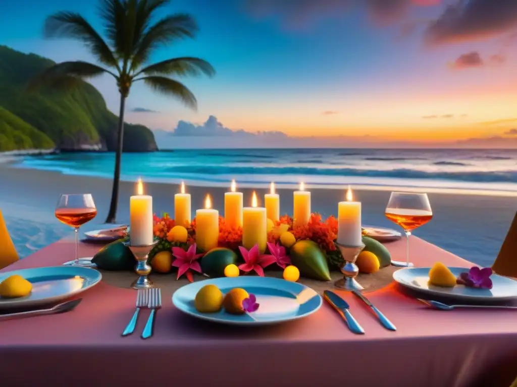 Experiencia gastronómica de lujo en la playa al atardecer Exquisita cena temática en playas exóticas al atardecer con frutas tropicales, mariscos frescos y cócteles coloridos