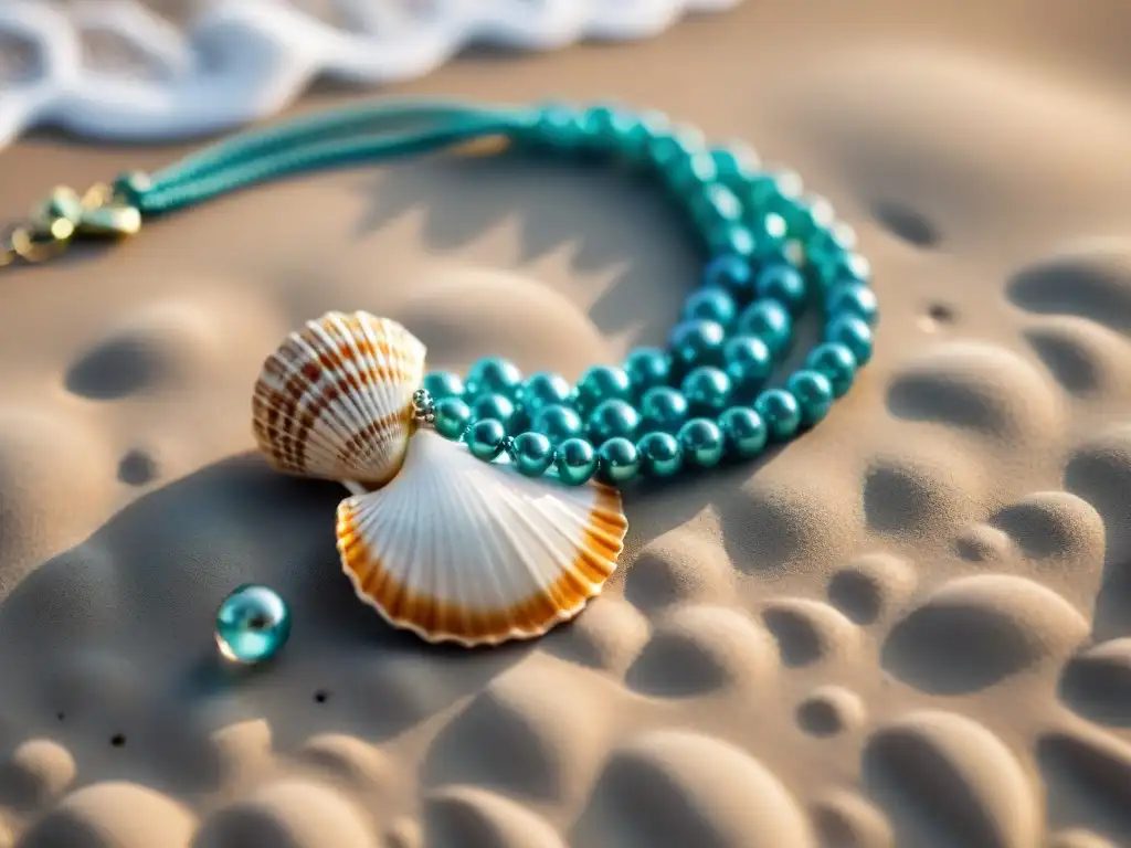 Collar de conchas y perlas: joya marina en la playa Exquisita joya inspirada en el océano con detalles de concha, perla y turquesa, sobre fondo de olas en la playa