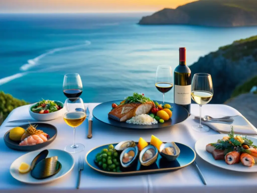Banquete costero al atardecer: exquisita cena gourmet frente al mar Exquisita mesa junto al mar al atardecer con gastronomía de lujo en destinos costeros