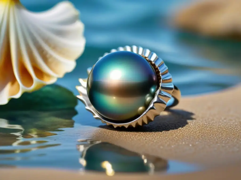 Exquisita perla tahitiana en concha de plata: belleza marina en detalle Una exquisita perla tahitiana en un entorno marino de lujo, resplandece con tonos oceánicos