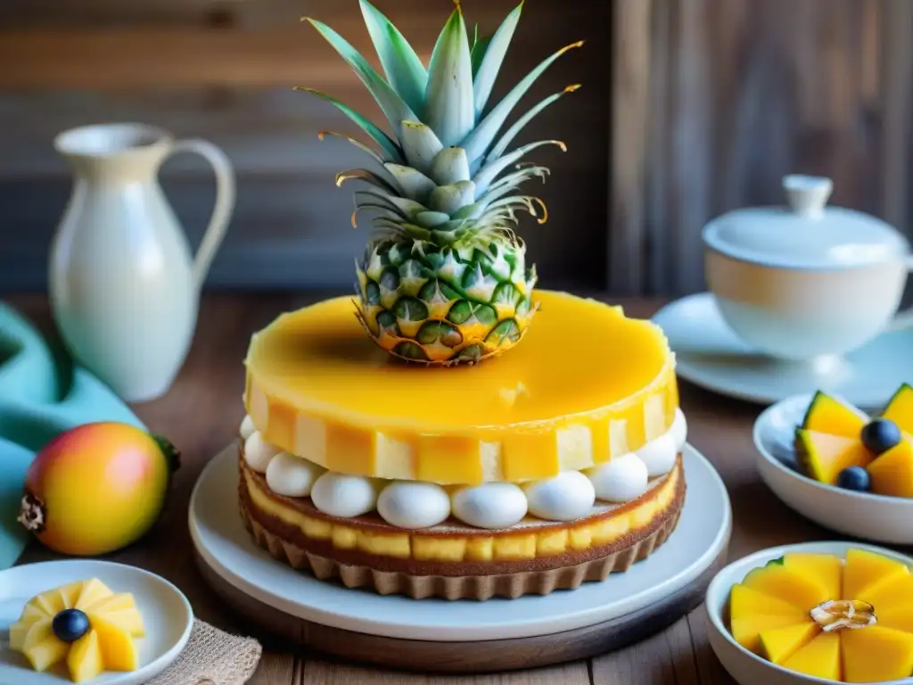Delicias costeras: postres tradicionales en mesa rústica Una exquisita variedad de postres tradicionales costeros en una mesa rústica, con frutas frescas y una presentación colorida y detallada