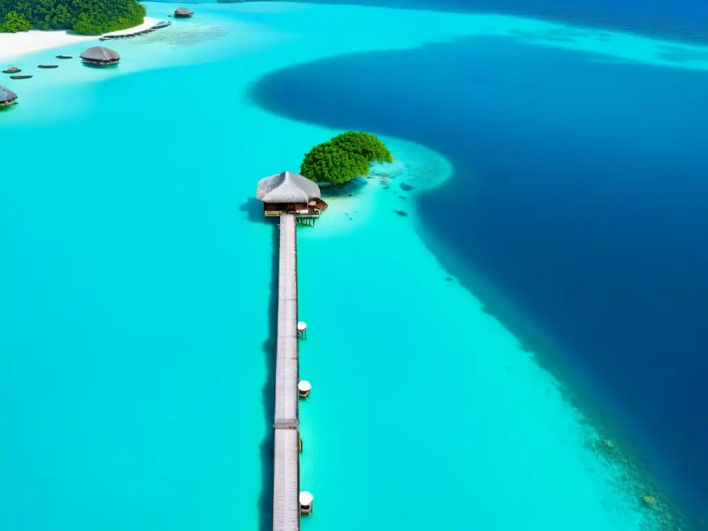 Bungaló de lujo sobre aguas turquesas en Maldivas Exquisita vista aérea de una lujosa cabaña sobre el agua rodeada de aguas turquesas en las mejores propiedades costeras del mundo