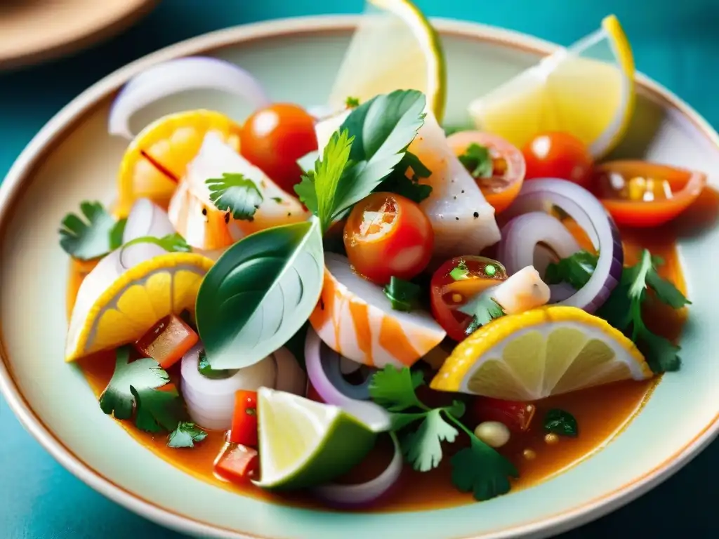 Delicioso ceviche en concha: frescura costera en cada bocado Una exquisita vista cercana de un vibrante ceviche en un tazón con forma de concha, resaltando su frescura y sabores costeros