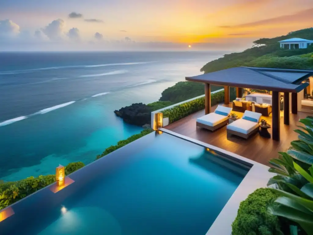 Paraíso costero de lujo: piscina infinita frente al mar Exquisitas amenidades en propiedad costera de lujo: piscina infinita, jardines tropicales y atardecer dorado