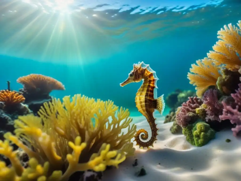Maravilloso ecosistema costero lleno de vida marina Un exquisito ecosistema costero rebosante de vida marina: un caballito de mar se aferra a las algas, mientras peces coloridos nadan entre corales