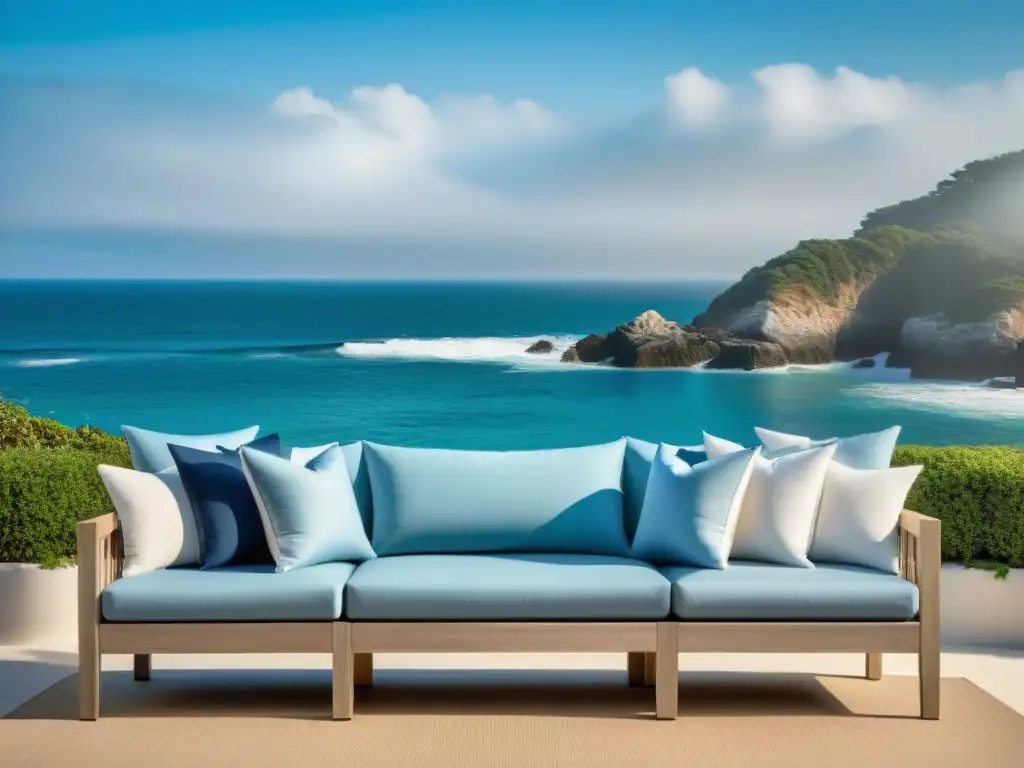 Espacio de vida al aire libre de lujo en la costa con textiles de alta gama Un exquisito espacio exterior de lujo en la costa con textiles de lujo para clima costero