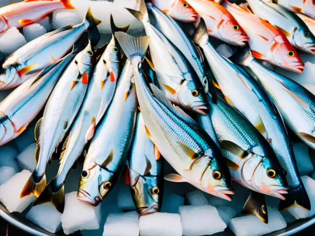 Pescado fresco en mercado costero: detalles y colorido Exquisitos pescados frescos en mercado cerca del mar, beneficios vida cerca mar pescado