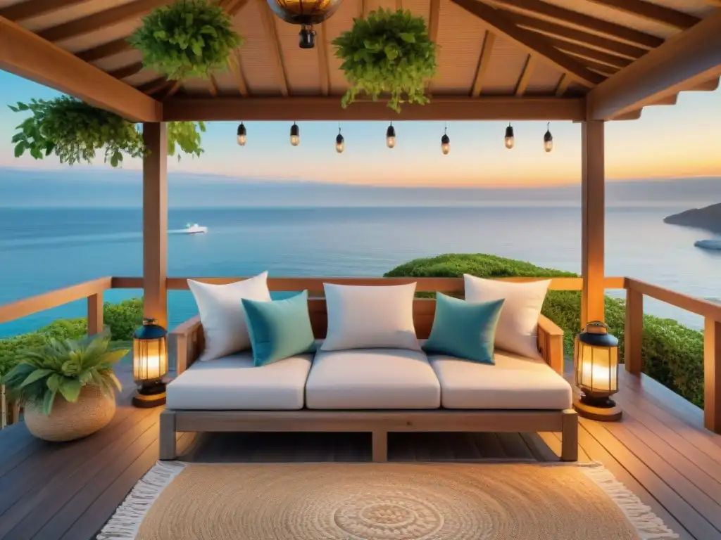 Refugio costero: Oasis de relajación junto al mar Decoración de áreas exteriores en propiedad costera con ambiente sereno y acogedor junto al mar al atardecer