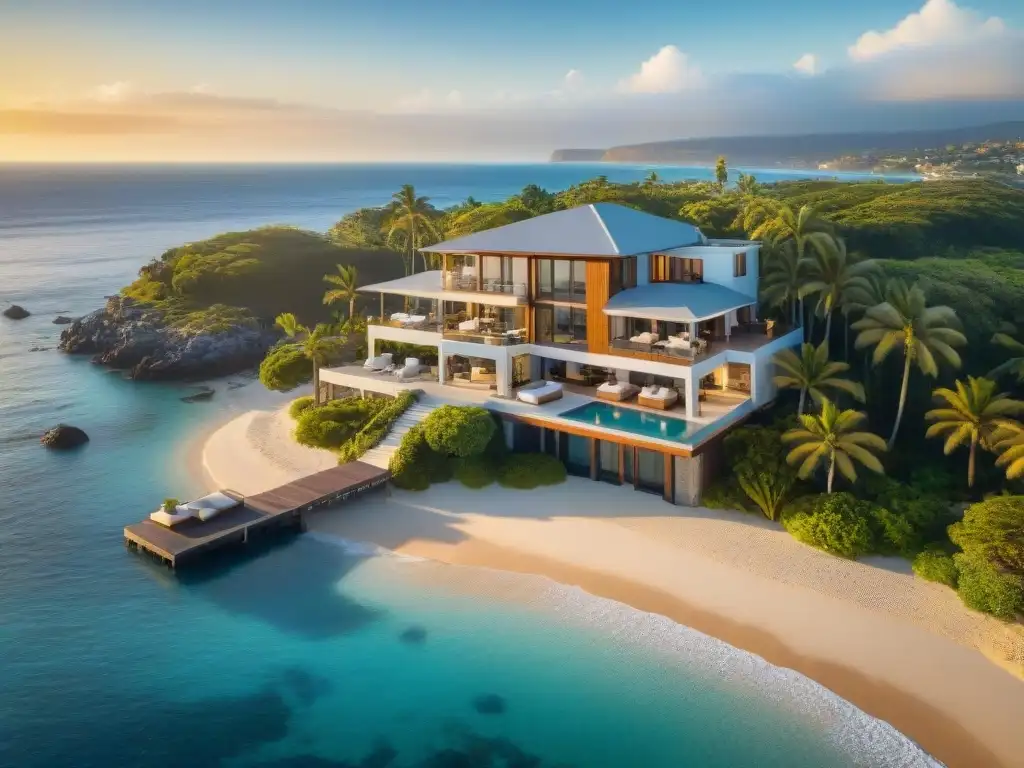 Propiedad costera de lujo con vistas impresionantes y decoración elegante Decoración de áreas exteriores en propiedad costera con lujosos muebles y acogedores espacios al aire libre, bajo la cálida luz dorada del atardecer