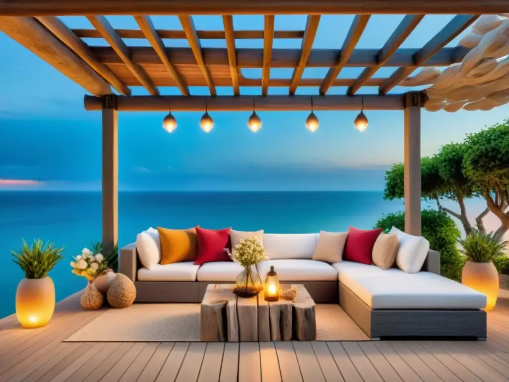 Espectacular lounge playero con vistas al mar Decoración de áreas exteriores en propiedad costera con sofá, mesa de café, plantas y vista al mar al atardecer