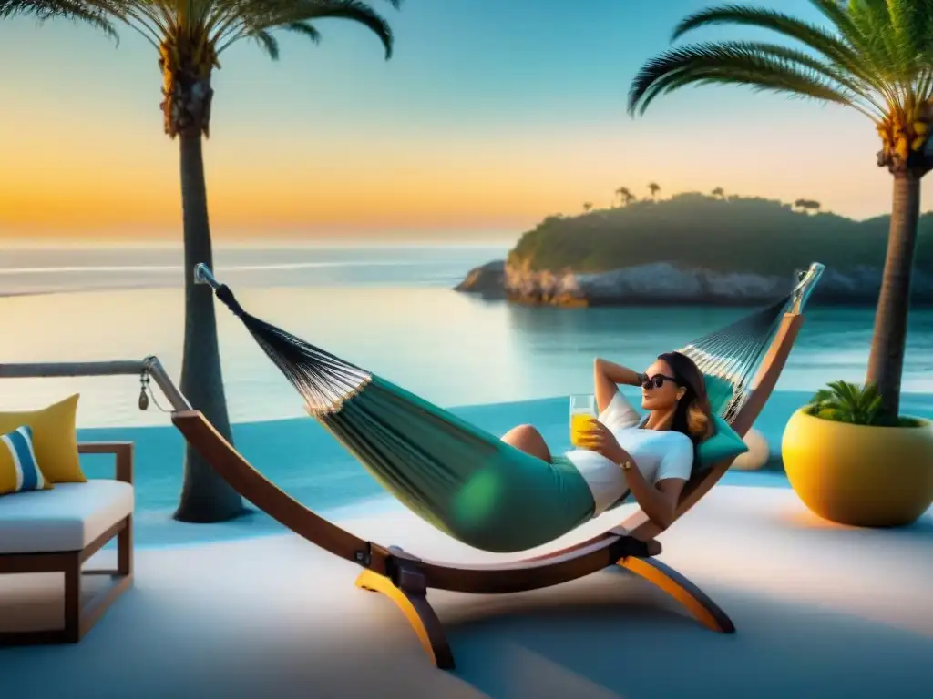 Escena costera de relax al atardecer con hamaca y limonada Decoración áreas exteriores propiedades costeras: Lounge con sillas, hamaca y vista al mar al atardecer