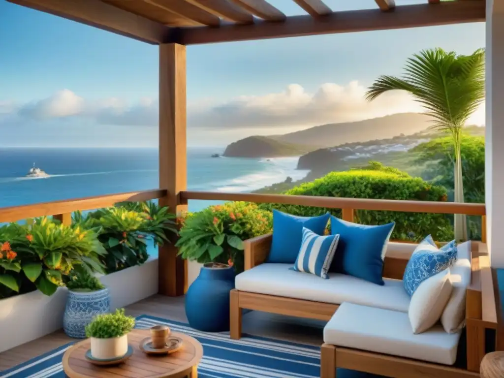 Patio costero sereno con vista al mar y detalles náuticos en azul y blanco Decoración áreas exteriores propiedades costeras: Patio costero sereno con mobiliario de madera y cojines náuticos en tonos azul y blanco, frente al mar al atardecer