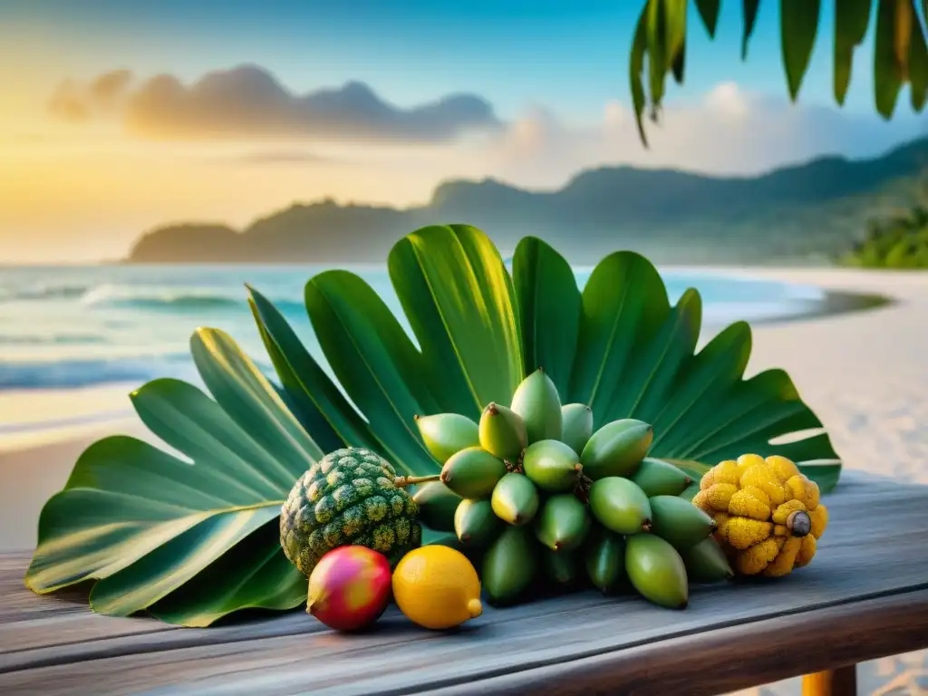 Exóticas frutas tropicales en mesa de madera junto al mar al atardecer Una exuberante exhibición de frutas exóticas litoral, frescas y tentadoras, en una playa al atardecer