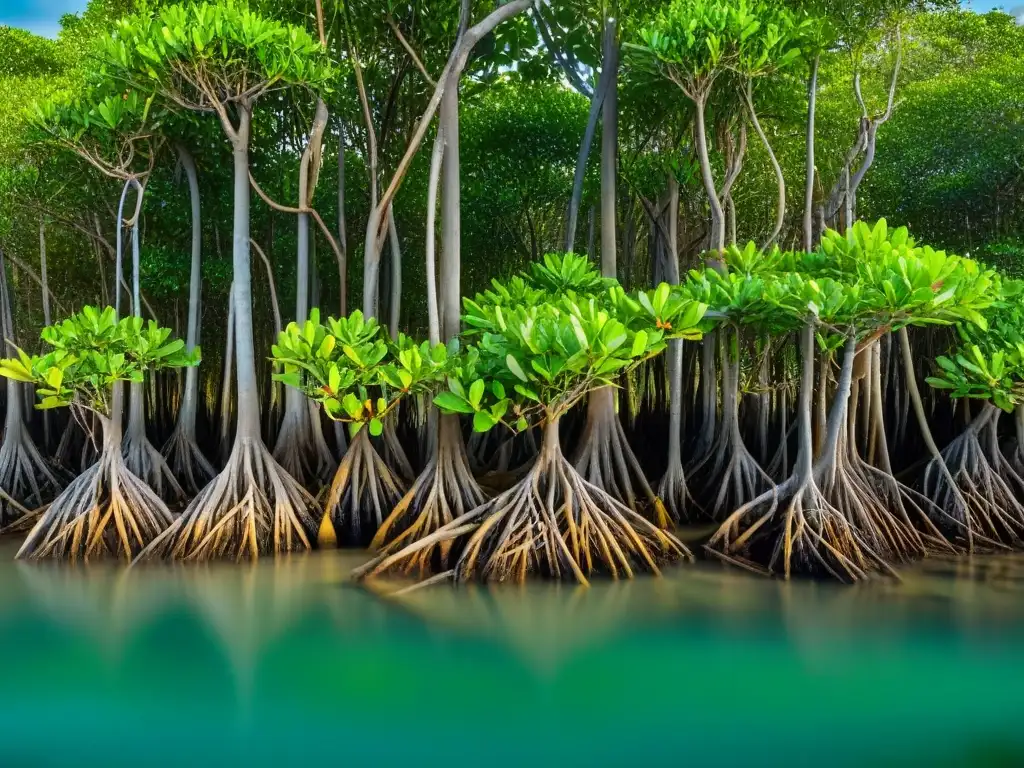 Manglar exuberante: ecosistema vital en costa marina Un exuberante manglar a lo largo de la costa, con raíces intrincadas sobre y bajo el agua