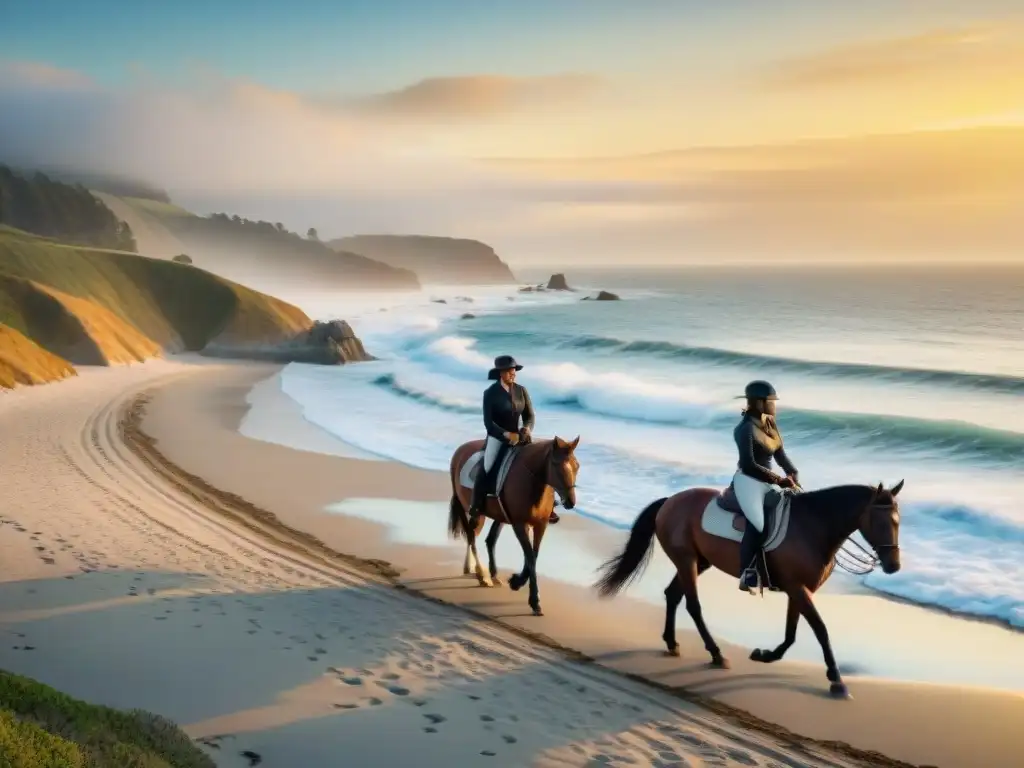Travesía familiar al atardecer: Cabalgando en la costa dorada Familia cabalga al atardecer por ruta ecuestre en la costa, bañados por luz dorada